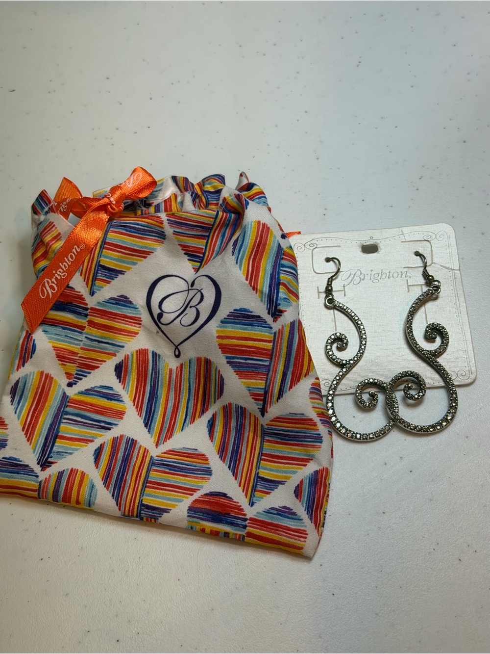 Brighton Heart Drawstring Pouch with Silver Swirl Earrings Set